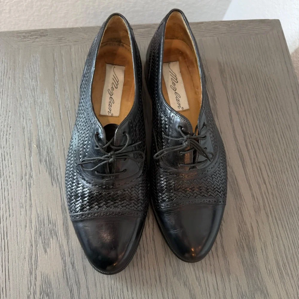 Mezlan Mens Black Woven Leather‎ Cap Toe Oxford Dress Shoes 9.5 M Handmade Spain